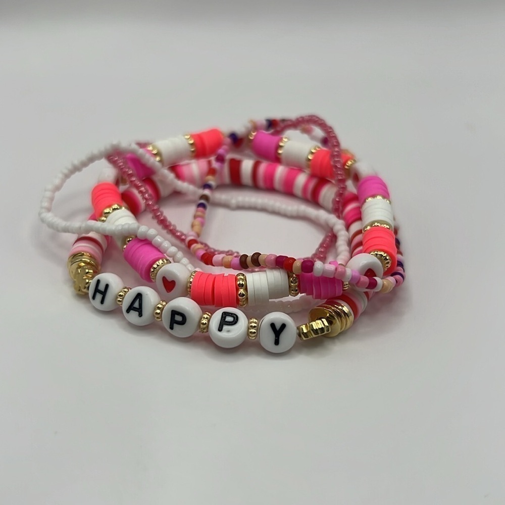 Mixed Pink Word Letter Stretch Bracelet Stack